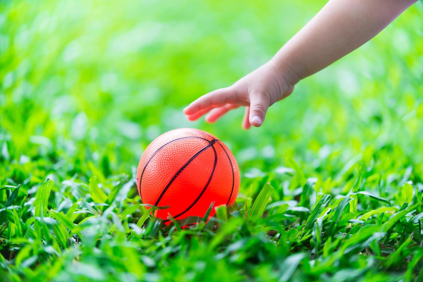 Kleines Handmädchen erreicht orangefarbenen Ball, der auf erfrischendem grünem Rasen platziert ist. Sie sammelt Gummibälle. Sinneskonzepte und Lernen. foto
