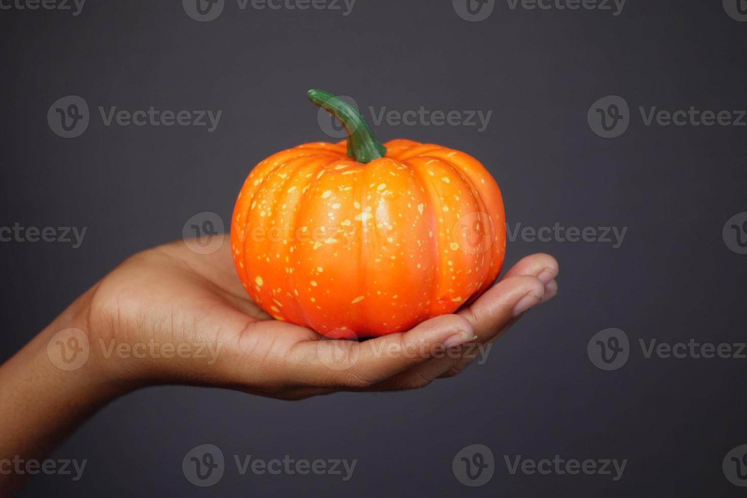 Hand hält einen kleinen Kürbis vor grauem Hintergrund foto