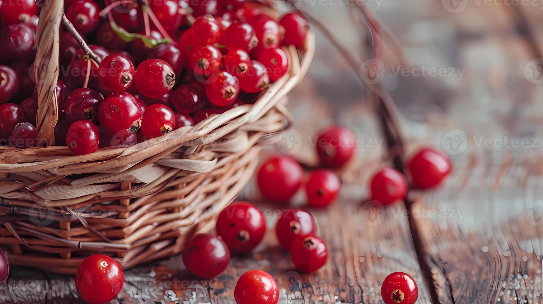 Cranberry Beeren Nahansicht. Preiselbeeren im ein Korb auf ein hölzern Hintergrund foto