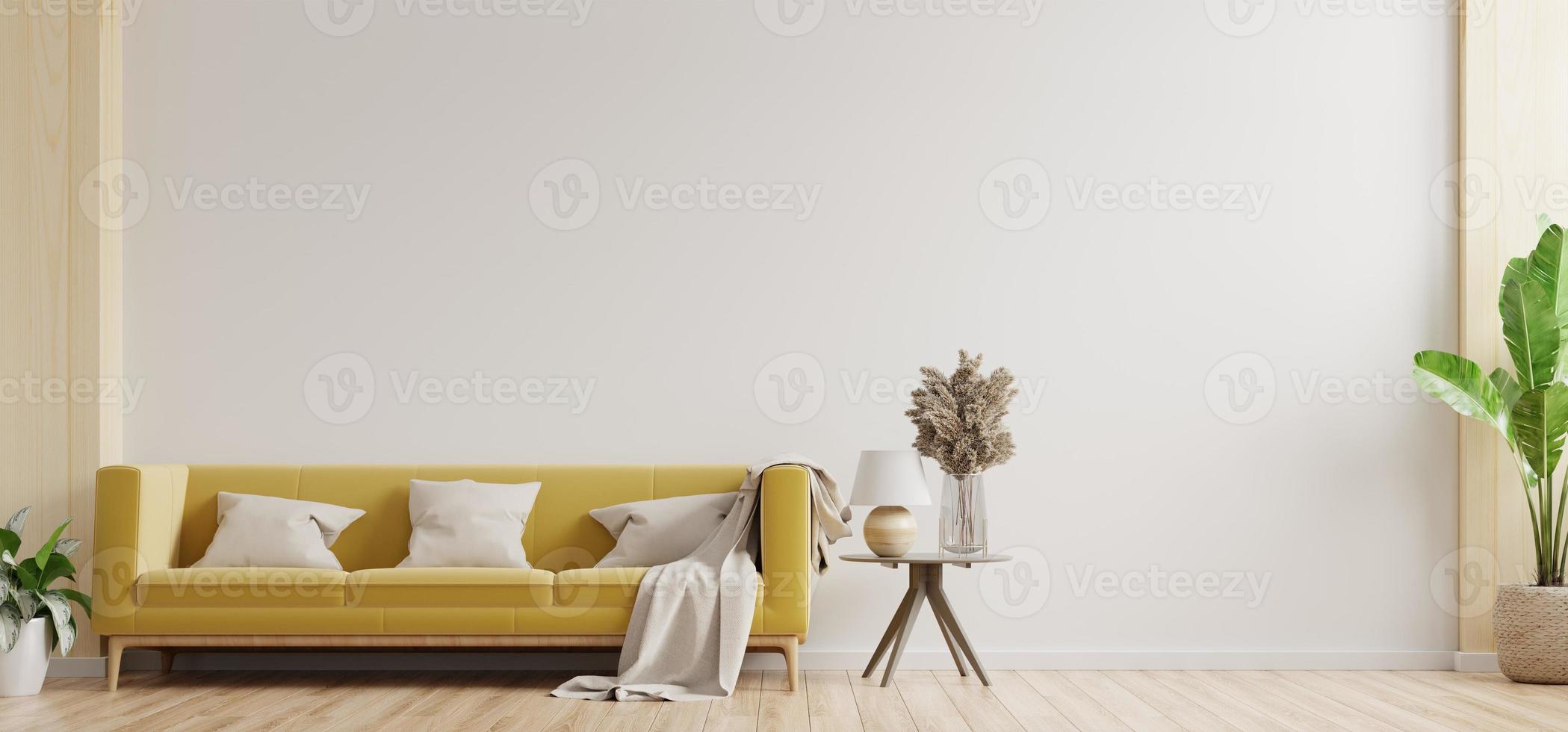 weiße wand wohnzimmer haben gelbes sofa und dekoration. foto