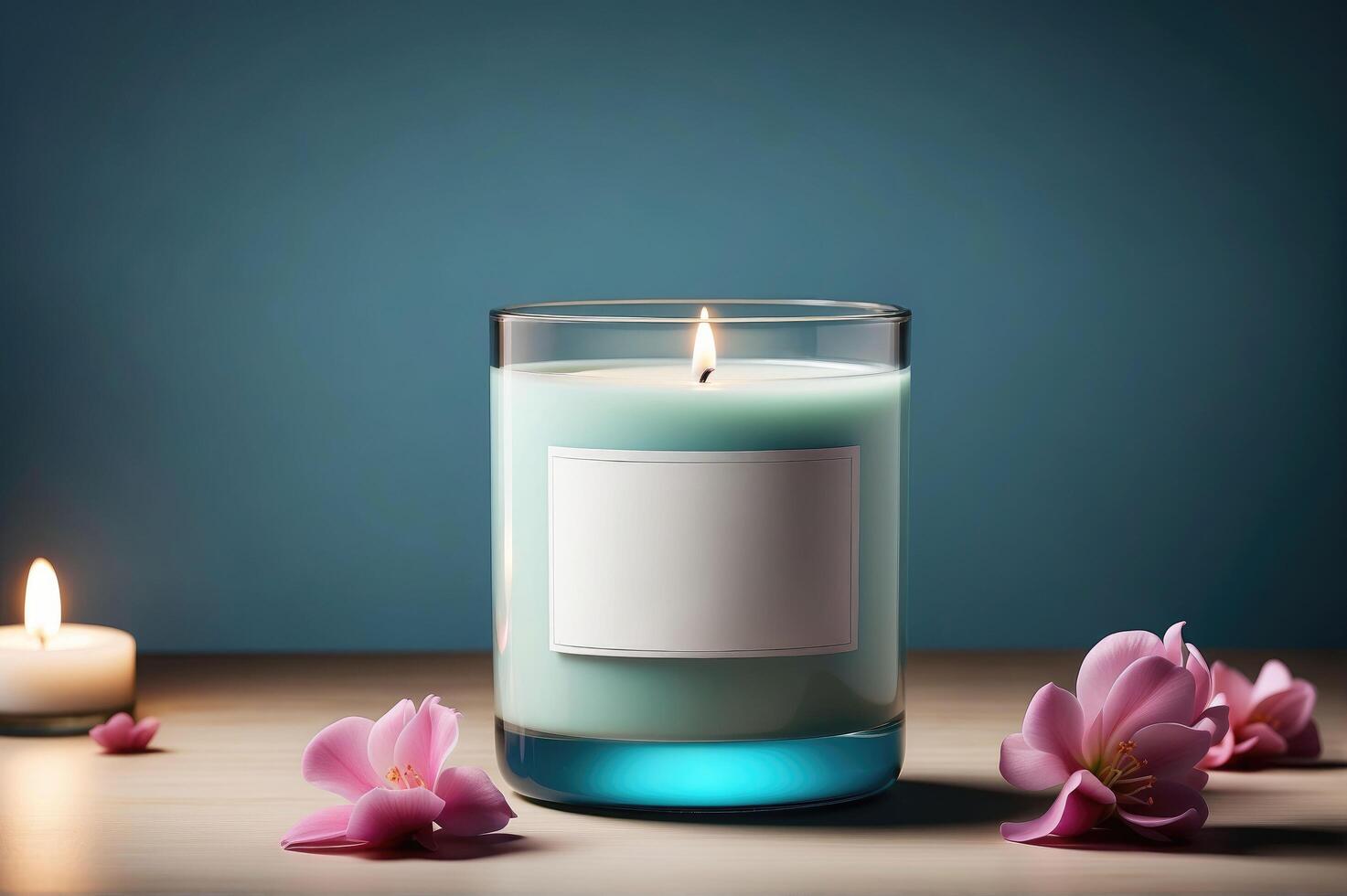 still Aromatherapie duftend Kerze im blaugrün Glas Krug zum heiter Zuhause Ambiente foto