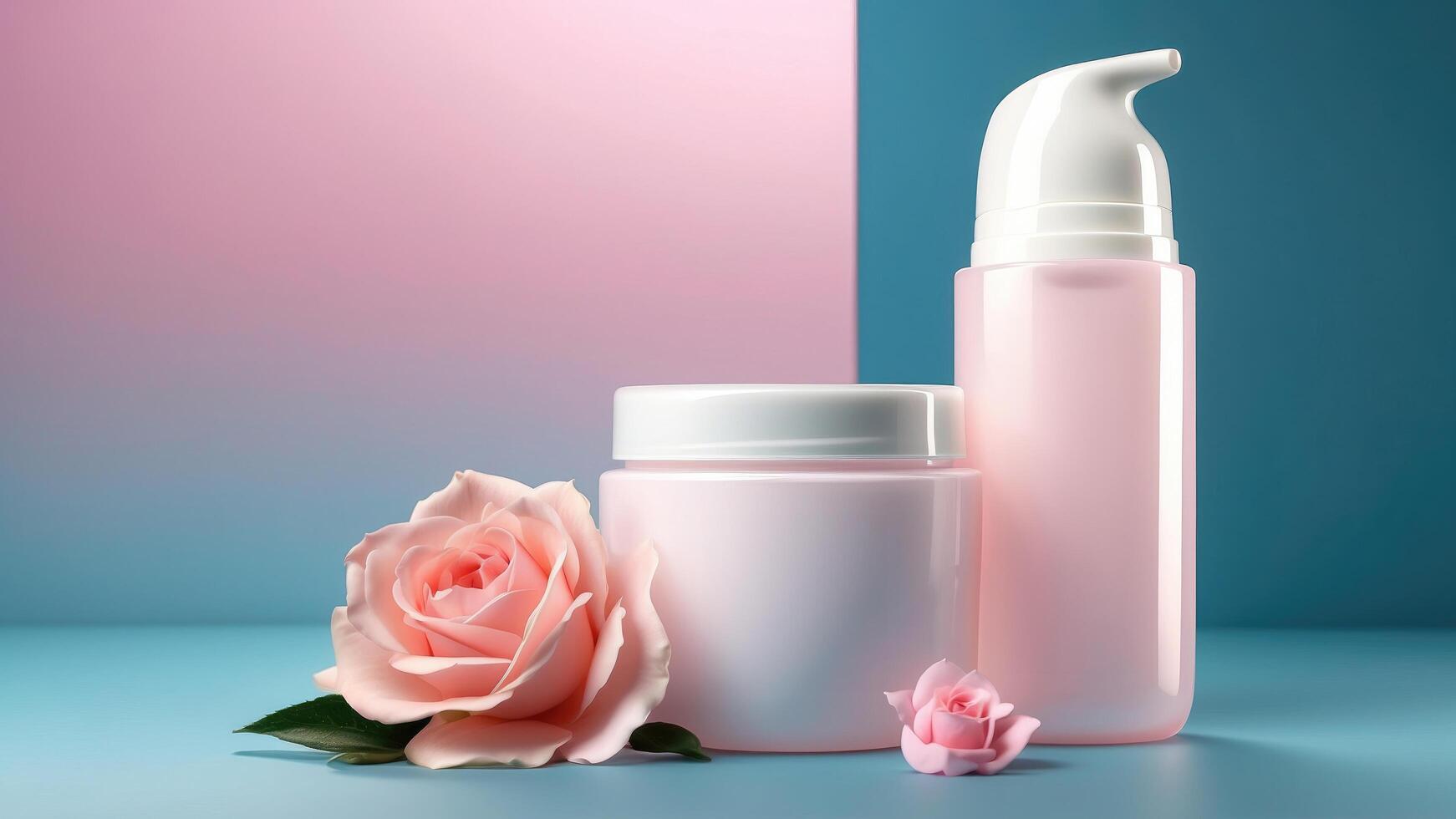 Schönheit Produkte auf ein Blau und Rosa Hintergrund foto