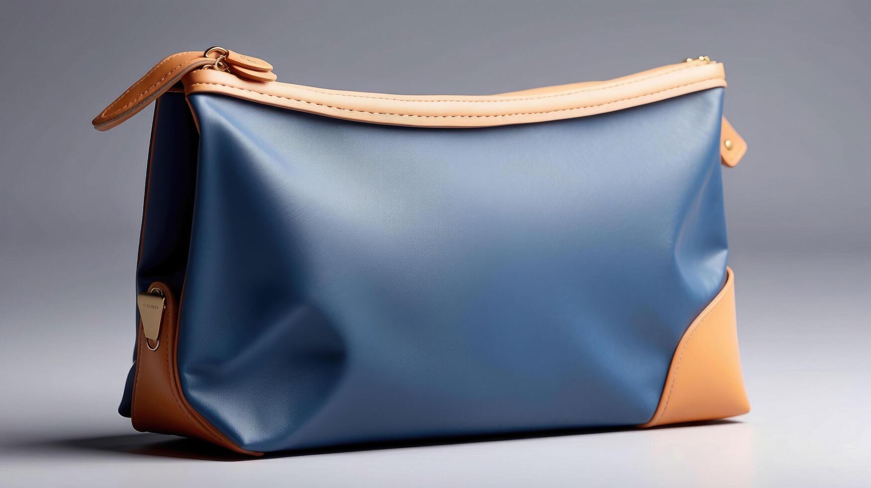 Marine Blau und bräunen Leder Toilettenartikel Reise Tasche mit elegant minimalistisch Design auf ein grau Hintergrund foto