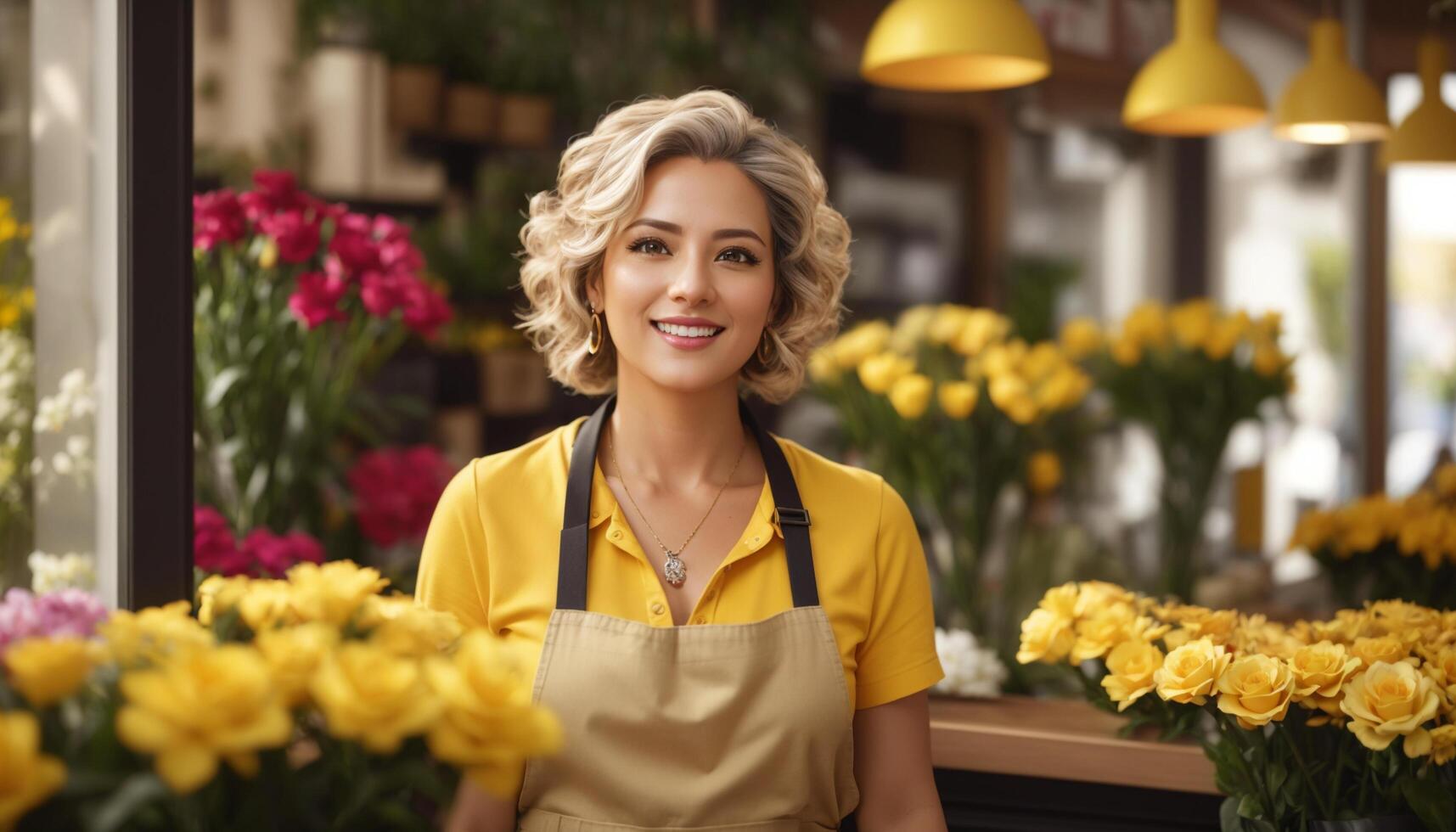 Frau mit Strauß von Gelb Blumen. foto