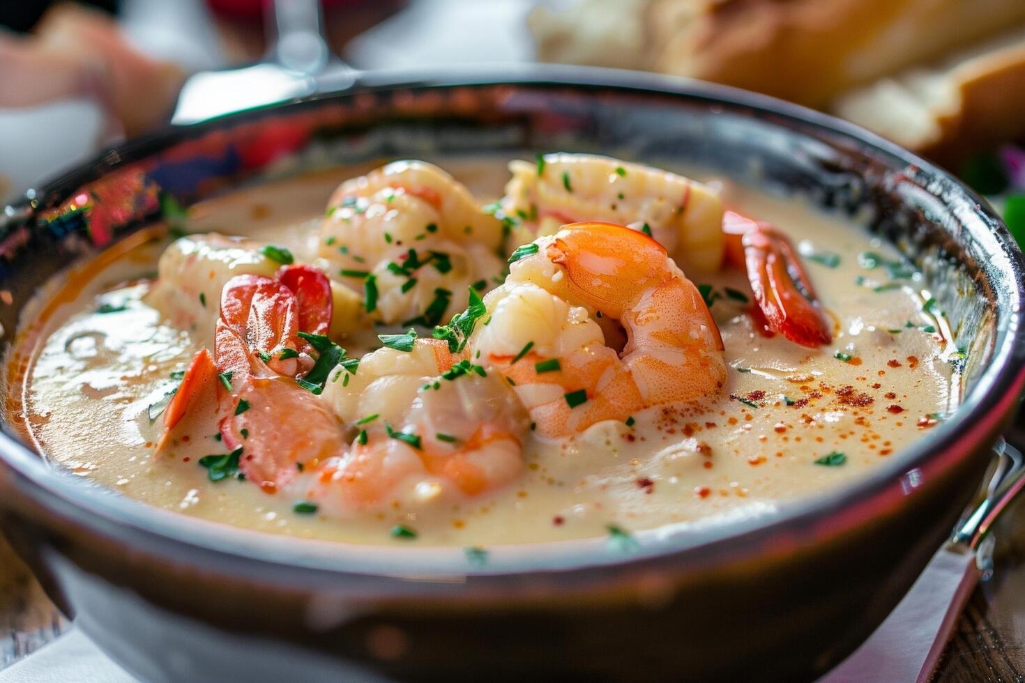 Schüssel von cremig Meeresfrüchte Suppe mit Hummer und Garnele foto