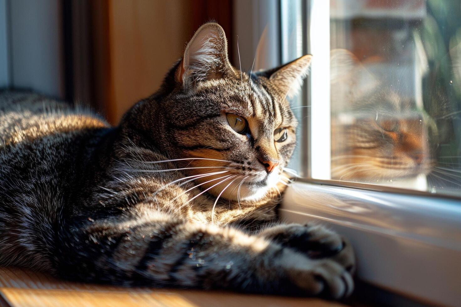 ein majestätisch Tabby Katze faulenzen im ein sonnendurchflutet Fenster, es ist Pelz glühend mit Wärme und Weichheit foto