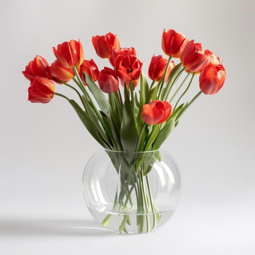 durchscheinend Acryl Vase gefüllt mit feurig rot Tulpen. foto