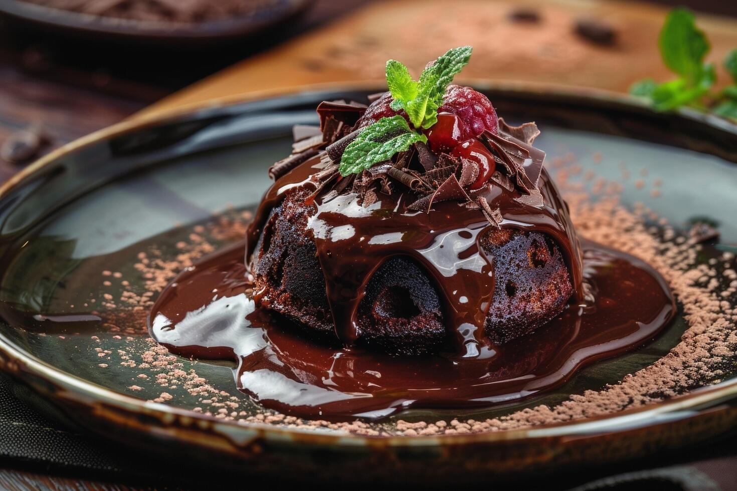 Lava Kuchen durchnässt im Schokolade Soße foto