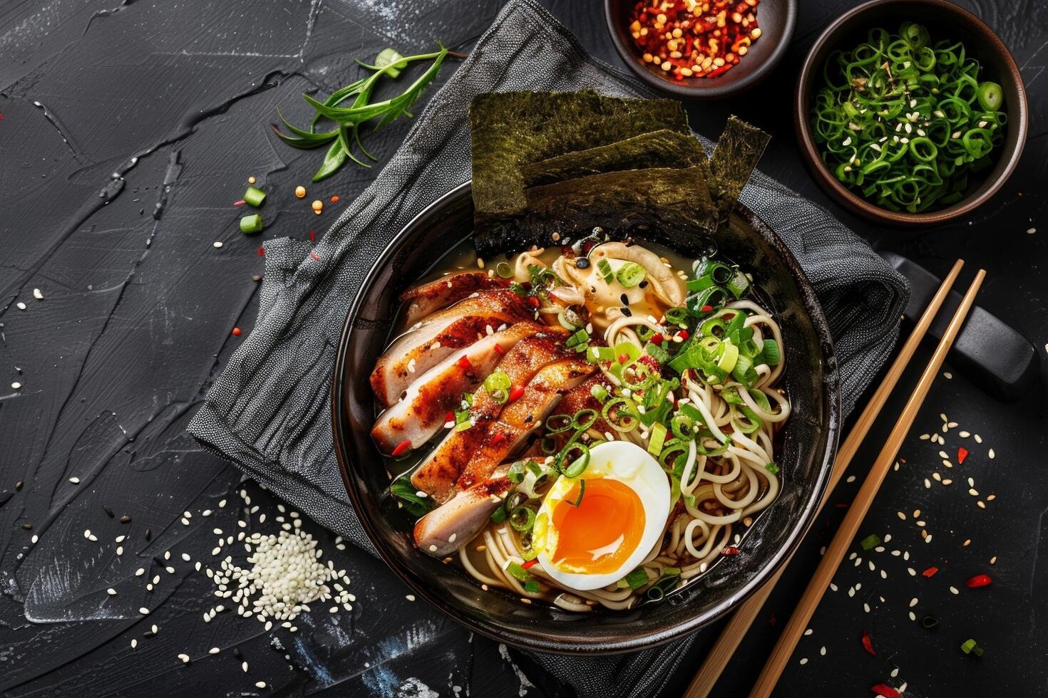 würzig Ramen mit zärtlich Schweinefleisch Bauch Sanft gekocht Eier und nori foto