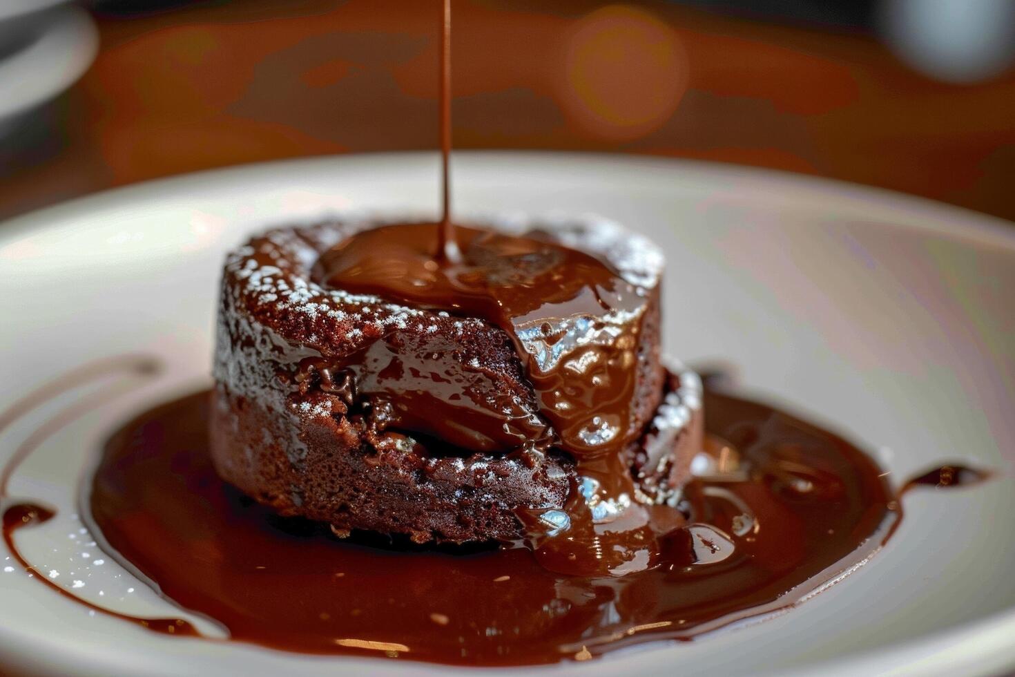 Lava Kuchen durchnässt im Schokolade Soße foto