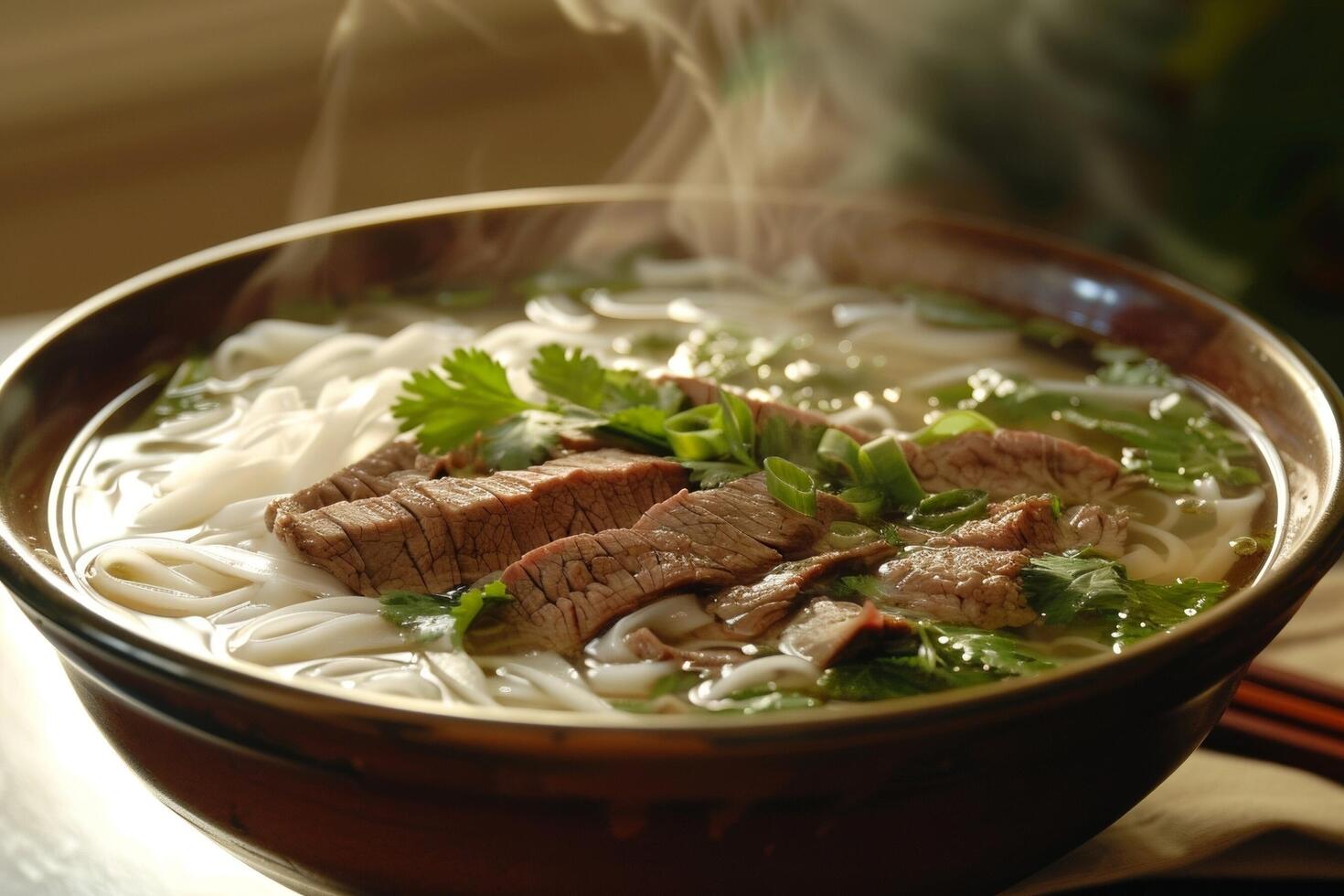 pho mit duftend Brühe, Reis Nudeln und zärtlich Rindfleisch Stücke foto