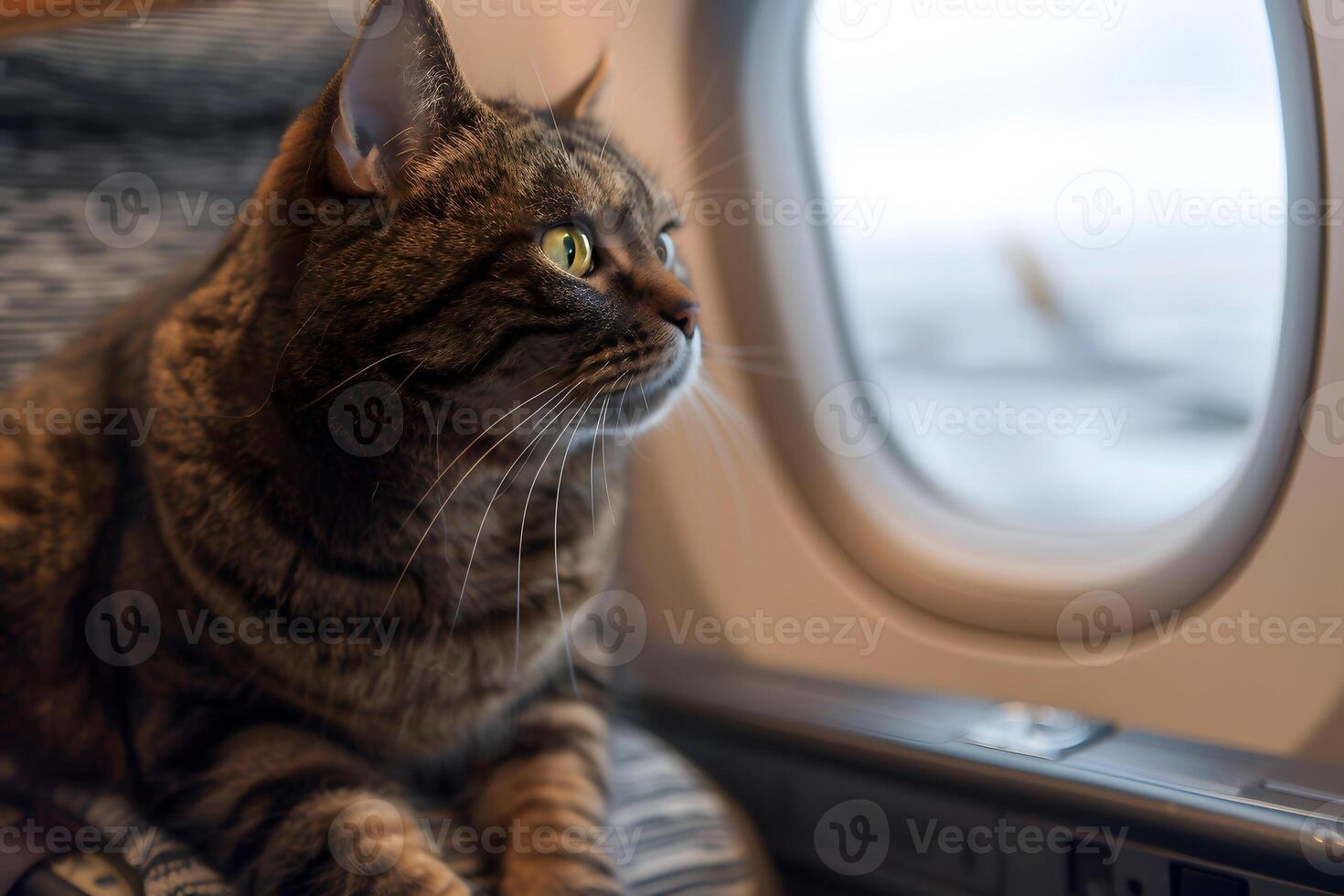 Katze Sitzung auf Kissen, suchen aus Flugzeug Fenster. generativ durch ai foto