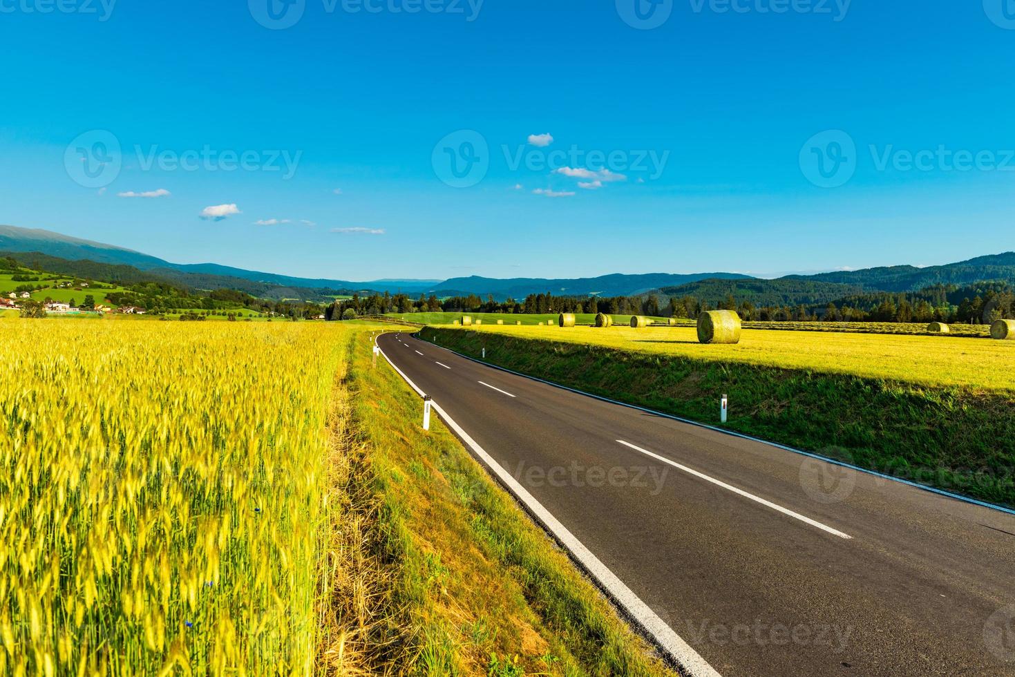 eine leere Straße zwischen landwirtschaftlichen Feldern, die in die Berge führt. österreichische ländliche landschaft foto
