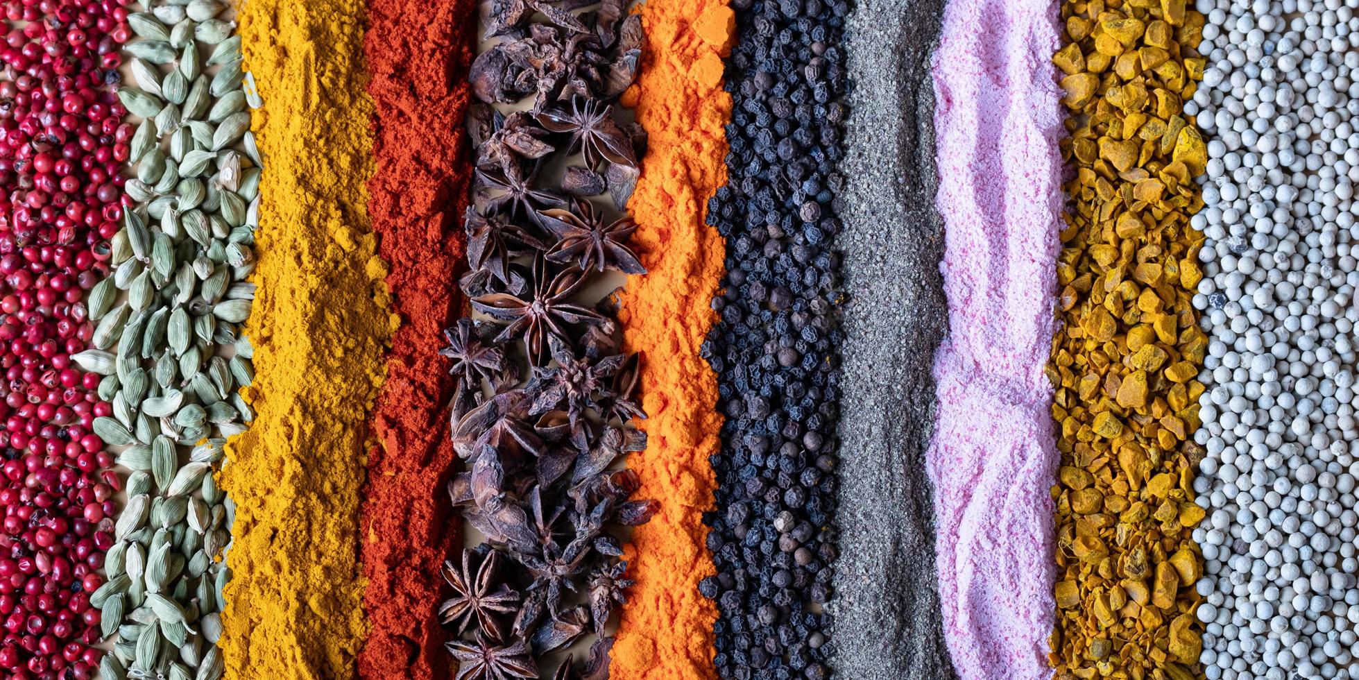 indische Gewürze und Kräuter in verschiedenen Farben als Hintergrund. Textur-Gewürze für den Webseiten-Header foto