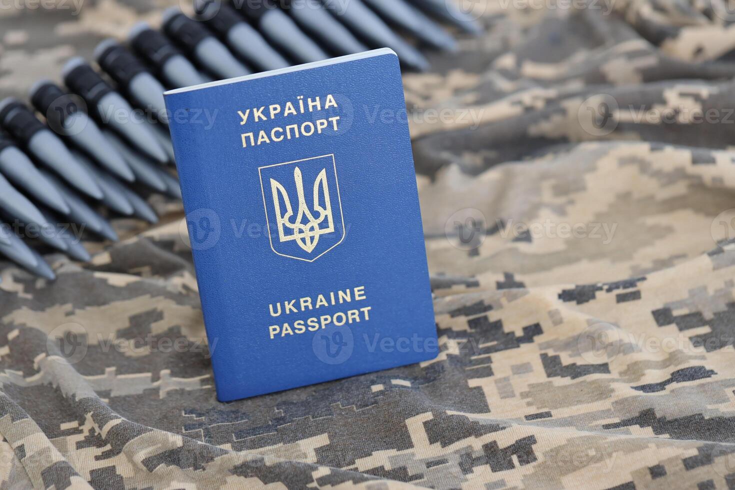 ukrainischer Auslandspass auf Stoff mit Textur aus militärischer Pixeltarnung. Stoff mit Tarnmuster in grauen, braunen und grünen Pixelformen und ukrainischem Ausweis foto
