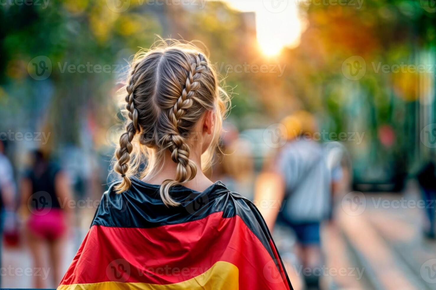 jung Frau drapiert im ein beschwingt Deutschland Flagge ausdrücken Patriotismus und Kultur mit Zöpfe auf ein Straße beim Sonnenuntergang foto