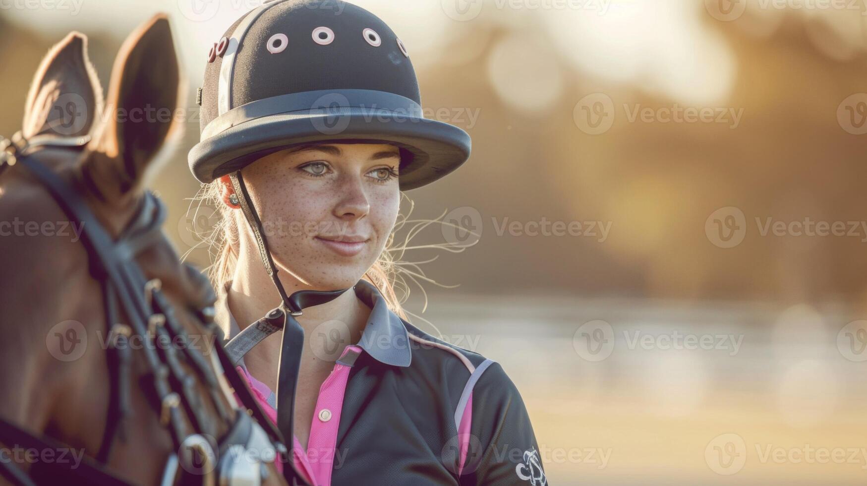 weiblich Polo Spieler im Pferdesport Sport Helm mit ihr Pferd während ein draussen Wettbewerb beim Sonnenuntergang foto