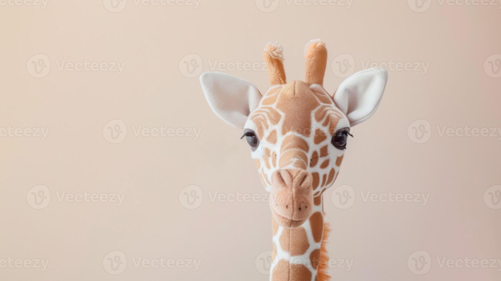 süß Giraffe Plüsch Spielzeug mit Sanft Stoff und spielerisch Augen auf ein Pastell- Kindergarten Hintergrund foto