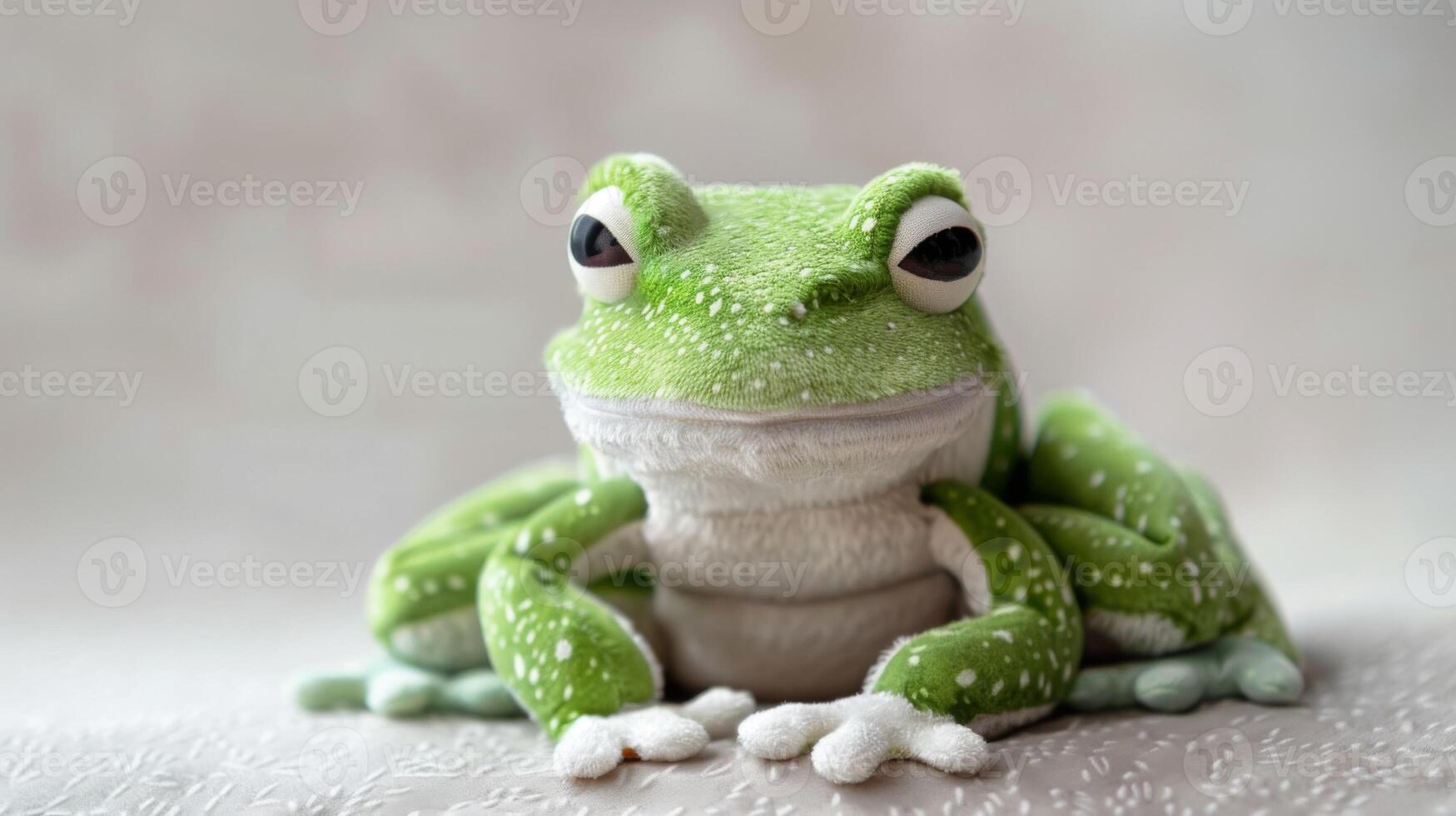 süß Grün Plüsch Frosch Spielzeug mit ein Sanft Weiß Bauch Sitzung spielerisch foto