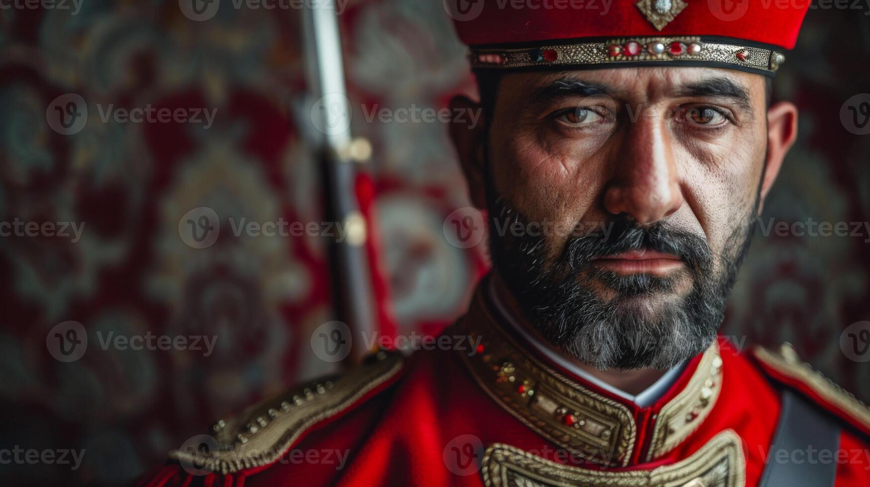 Janitschar im Ottomane historisch Uniform posieren mit ernst Ausdruck im rot fez foto