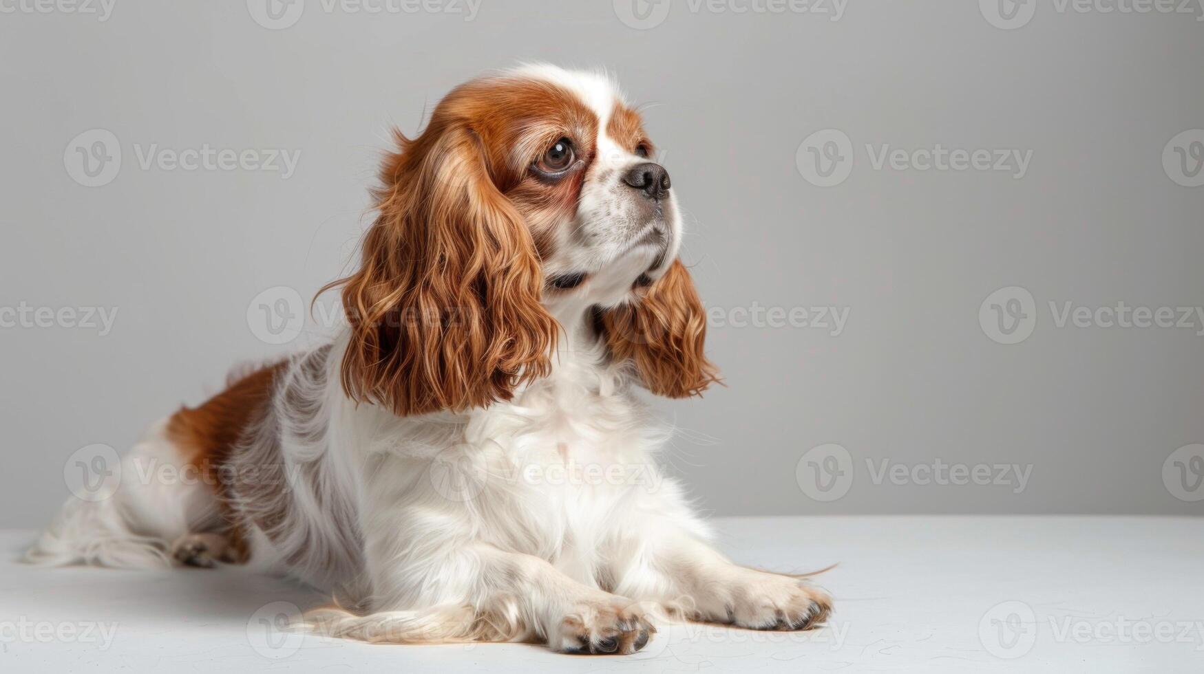 Kavalier König Charles Spaniel Porträt zeigt an ein reinrassig Hund mit braun und Weiß Pelz im ein Studio Rahmen foto