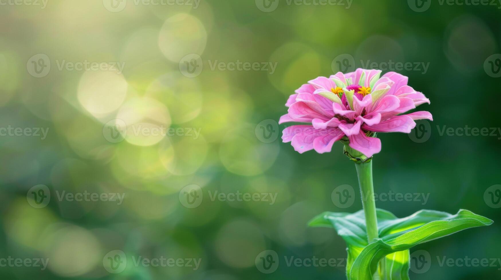 Nahansicht von ein Rosa Zinnie Blume blühen mit Blütenblätter im Natur umgeben durch Grün Bokeh Hintergrund foto