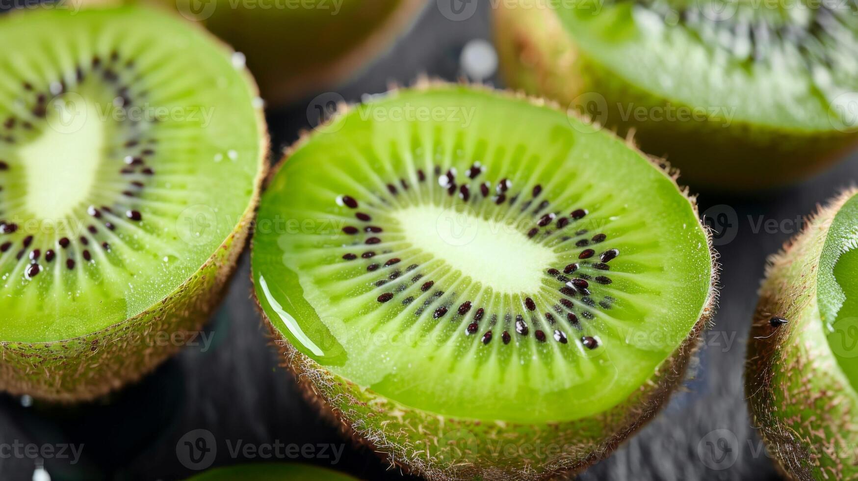 Nahansicht von frisch Grün Kiwi Obst mit geschnitten Hälften und Saat Anzeigen beschwingt Einzelheiten foto