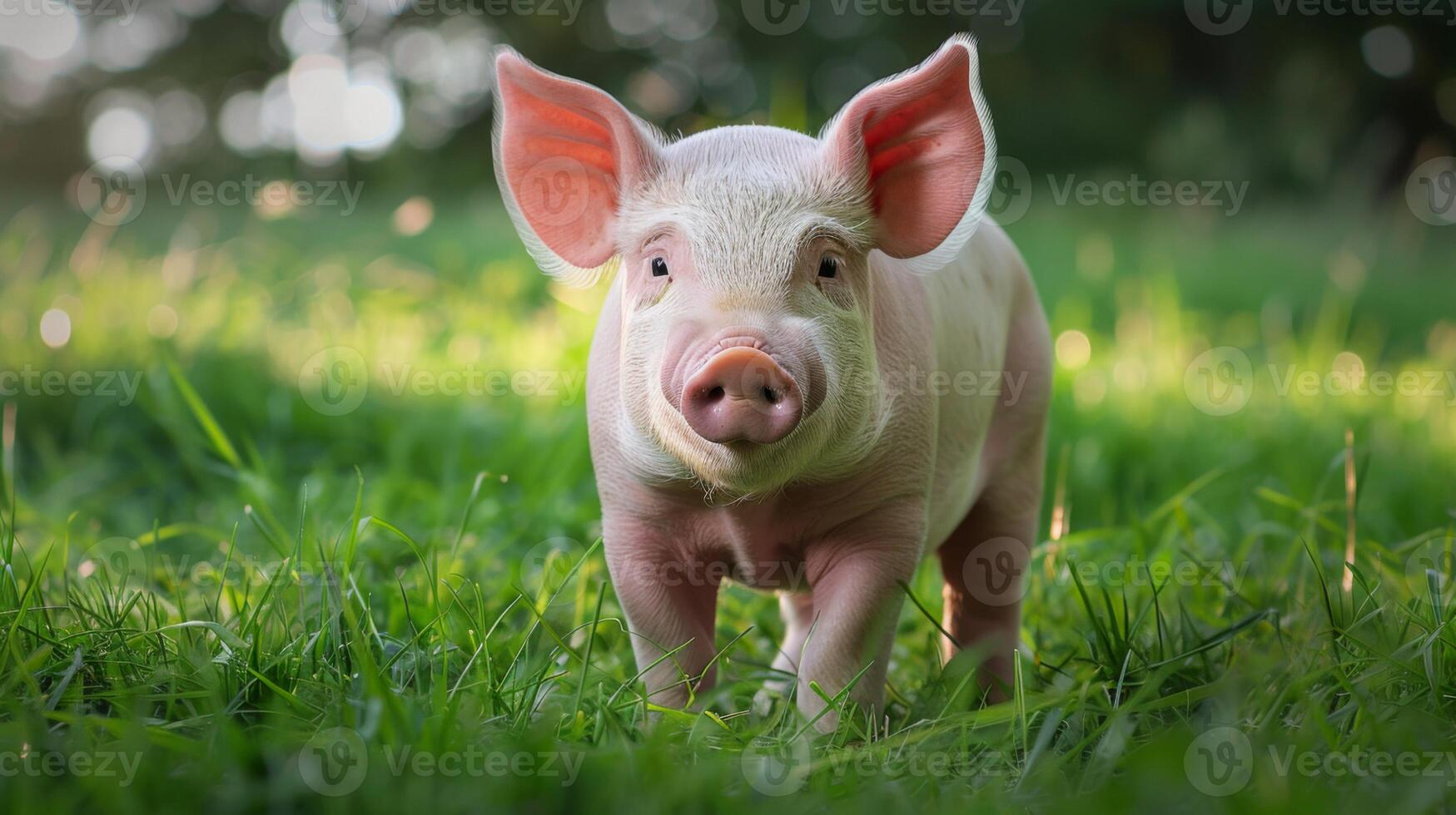 süß Schwein im Grün Gras ausstellen Natur, Tier locken mit ein Nahansicht von ein Baby Säugetier foto