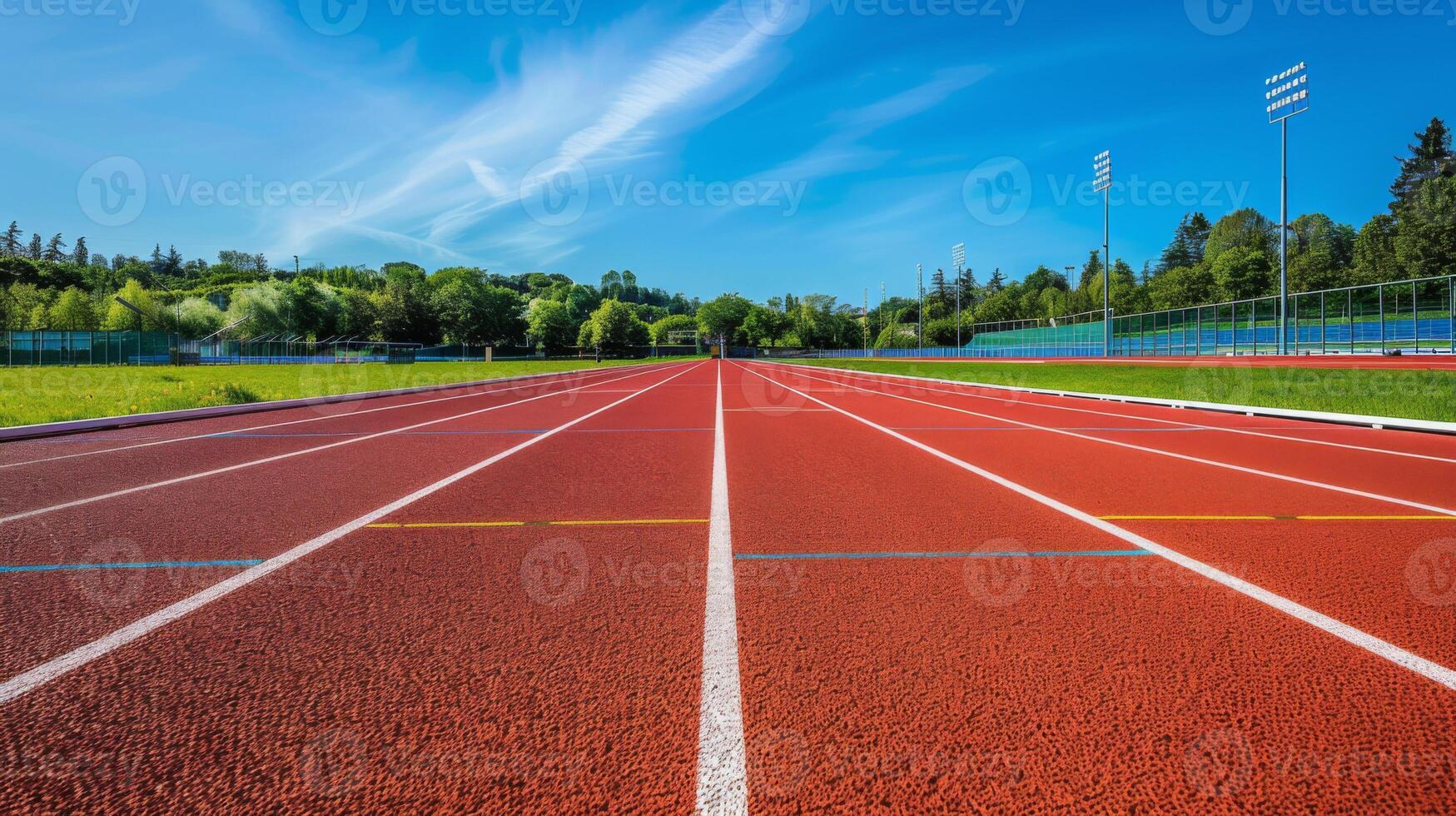 draussen Leichtathletik Spur und Feld mit Laufen Fahrspuren im ein Sport Stadion foto