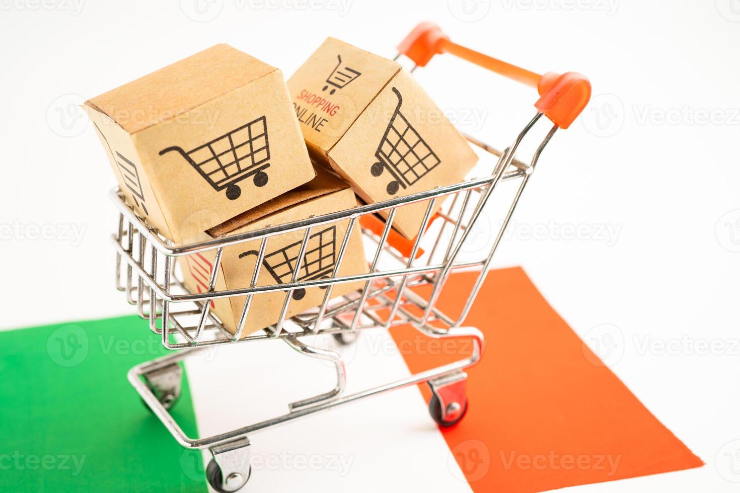 Box mit Einkaufen online Wagen Logo und Italien Flagge, importieren Export Einkaufen online oder Handel Finanzen Lieferung Bedienung Geschäft Produkt Versand, handeln, Anbieter. foto