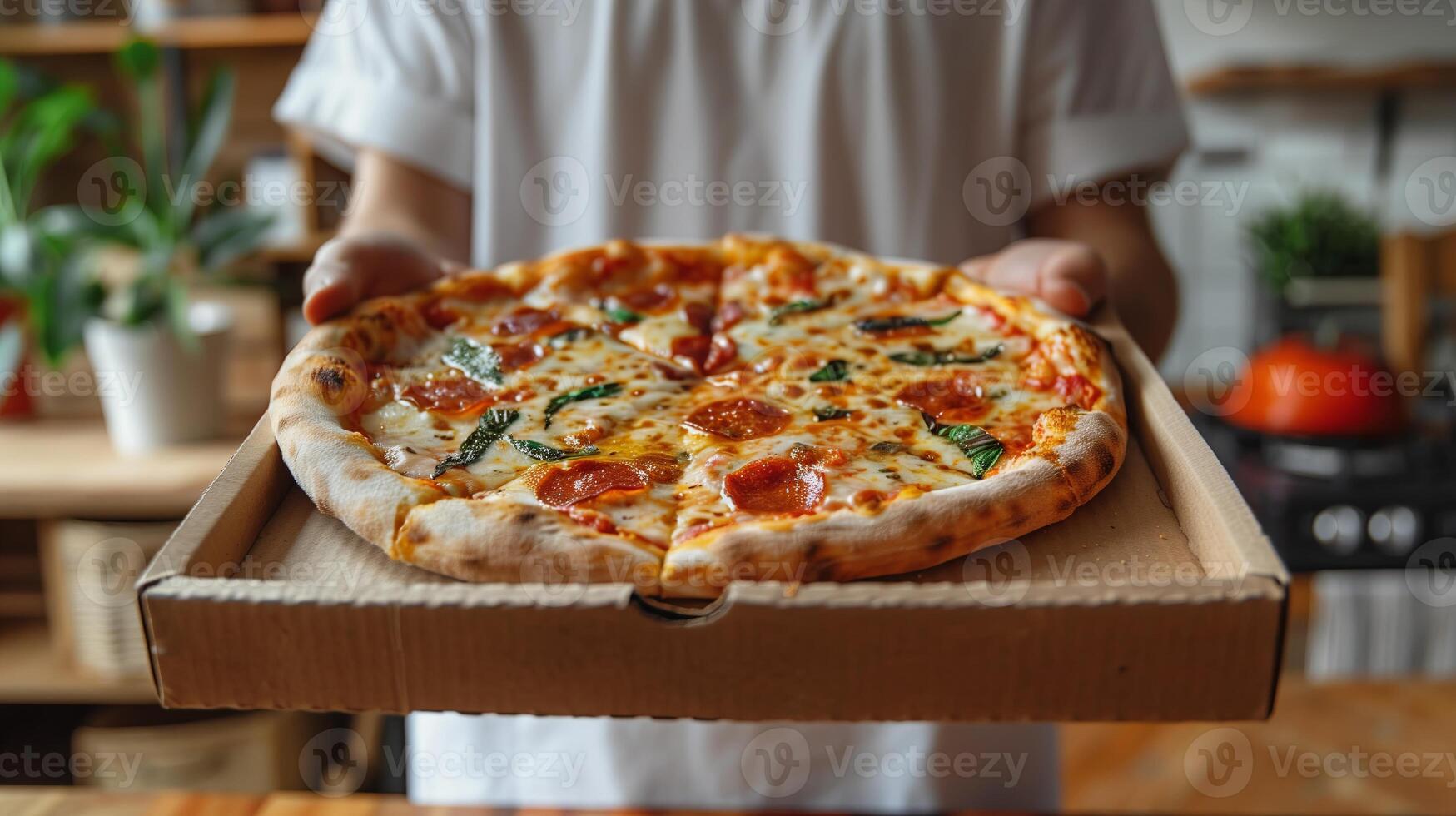 Pizza im ein Karton Kasten. Aussicht von über. Pizza Lieferung. Pizza Speisekarte. Pizza Lieferant gebracht ein bestellen zu das Haus. foto
