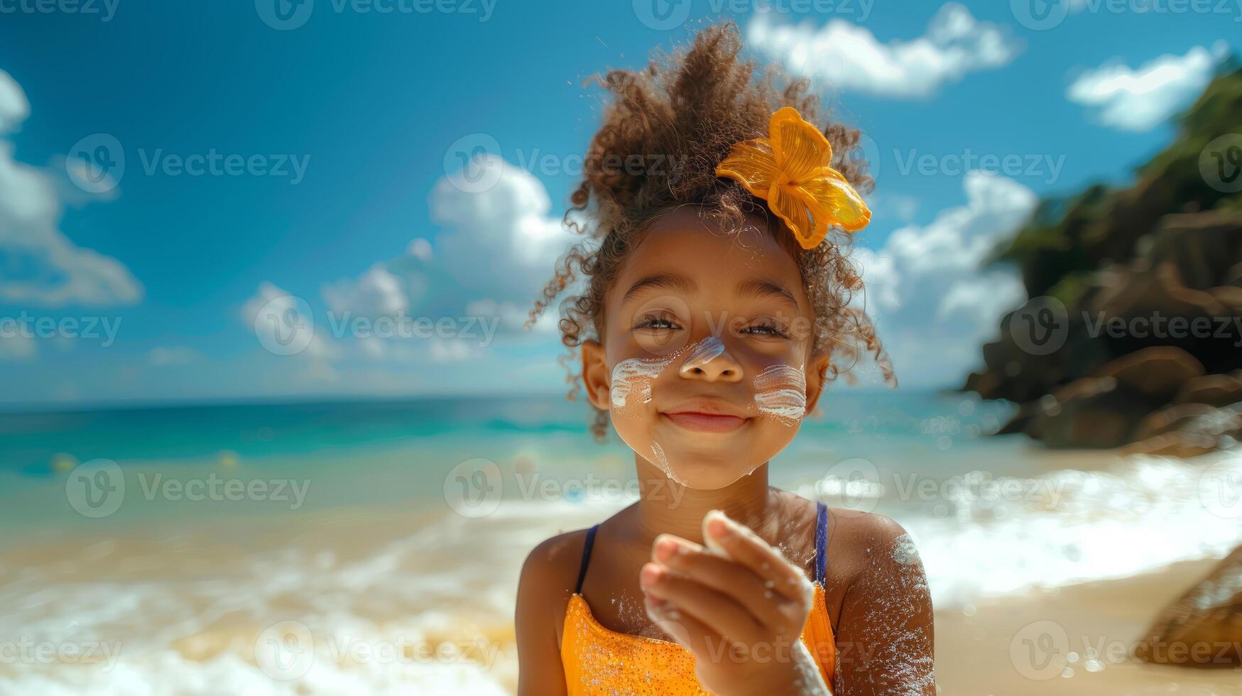 jung Mädchen mit Sonnenschutz genießen ein sonnig Strand Tag, süß Lächeln und tropisch Rahmen foto
