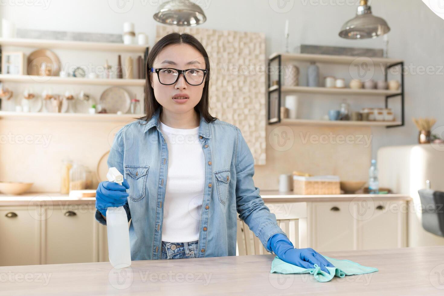 Porträt von ein jung asiatisch Hausfrau Reinigung beim heim. Tücher das Tabelle im das Küche mit ein Lappen im Gummi Handschuhe, Verwendet Haushalt Chemikalien. er ist Stehen, halten ein sprühen, suchen beim das Kamera. foto