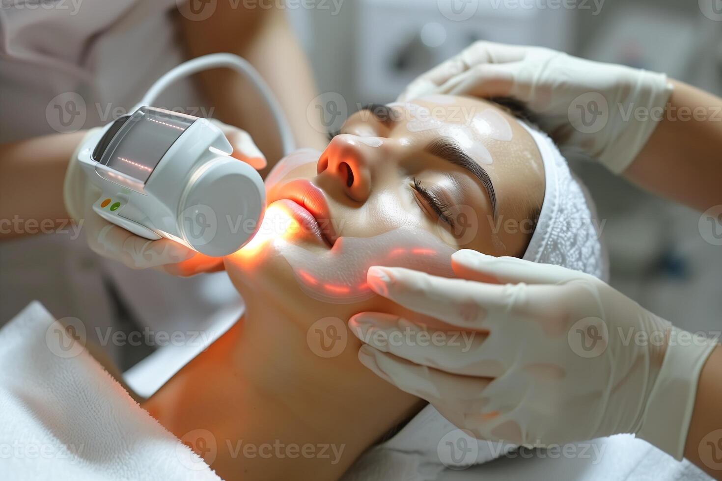 ein Frau ist unterziehen ein Haut Verjüngung Verfahren beim ein Schönheit Salon, mit Laser sichtbar um ihr zu verjüngen Gesichts- Haut foto