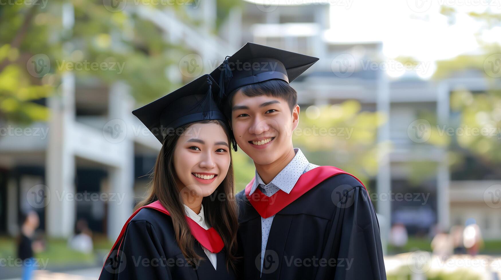 jung Paar tragen Komplett Abschluss Kleidung steht im das Mitte von ein modern Universität Campus foto