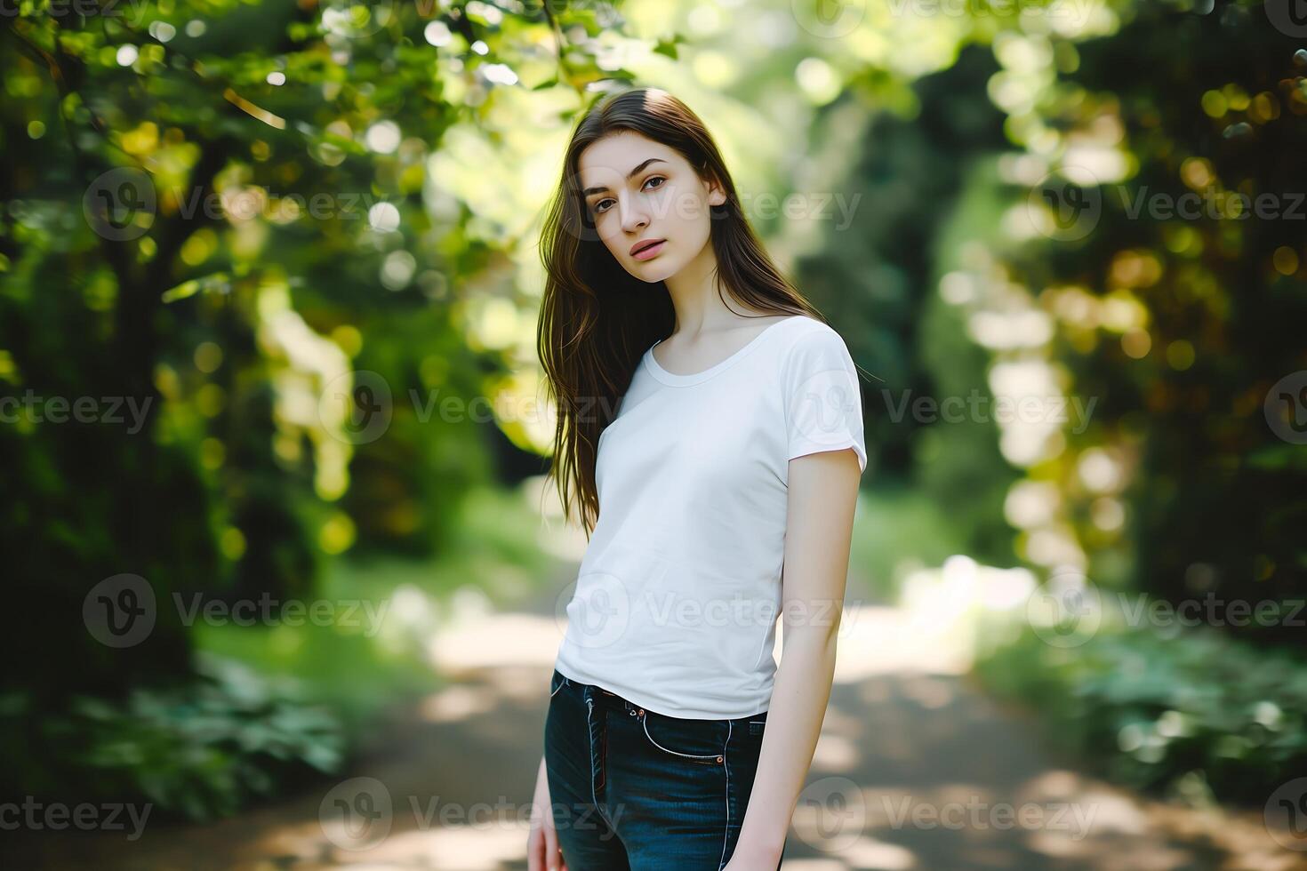 schön jung Frau mit braun Haar tragen übergroß einfach Weiß T-Shirt Stehen im ein Pfad Garten foto