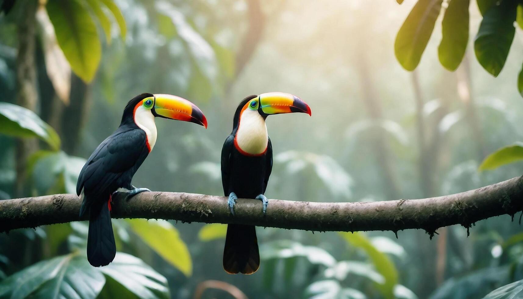 zwei Tukan tropisch Vögel Sitzung auf ein Baum Ast im ein natürlich Tierwelt Umgebung im ein Regenwald Urwald foto