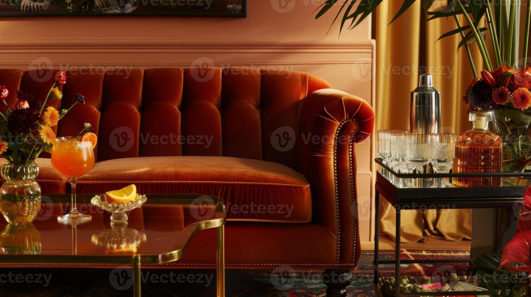 ein gemütlich Leben Zimmer Konfiguration Komplett mit Samt Liegen und ein Jahrgang Bar Wagen dient wie das perfekt Stelle zum ein Kunst Cocktail Stunde mit geliebt Einsen foto