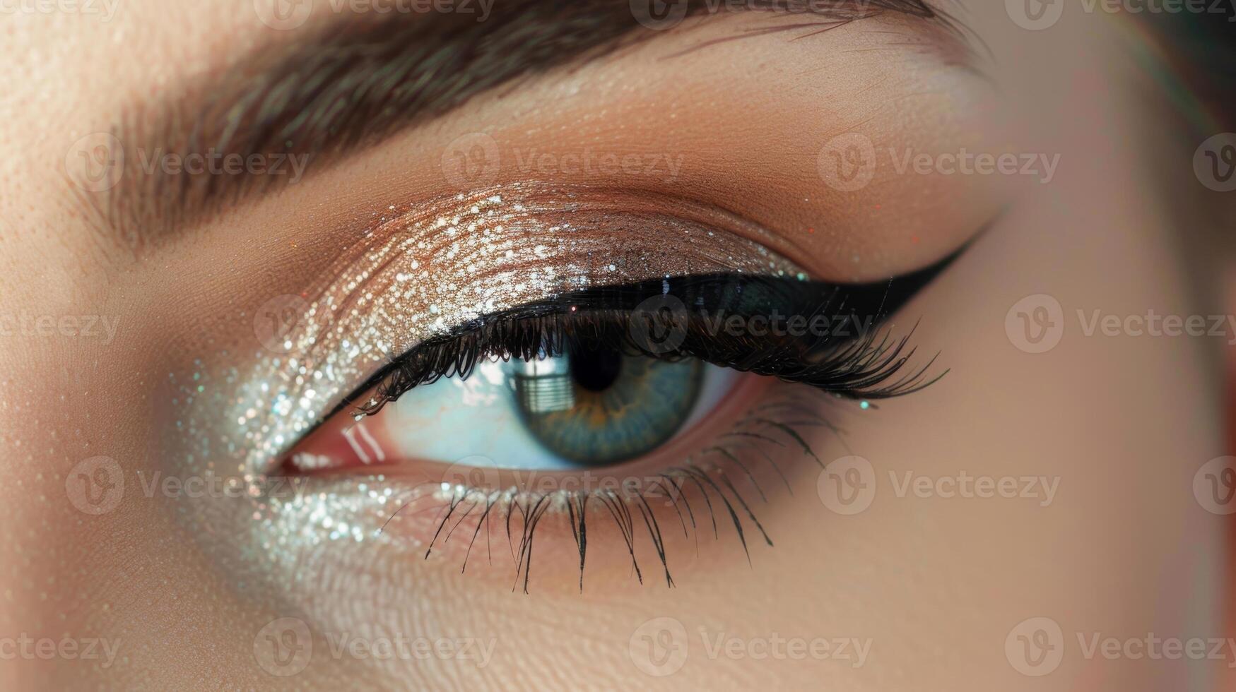 ein schließen oben von ein gl Auge verbessert mit perfekt angewendet geflügelt Eyeliner und Reich pigmentiert Lidschatten foto