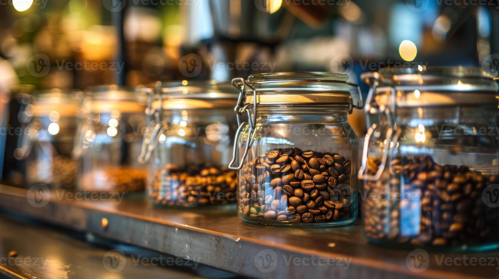 ein Reihe von Glas Gläser gefüllt mit verschiedene es und Kräuter benutzt im das Prozess von Aroma und verbessern Handwerker Kaffee foto