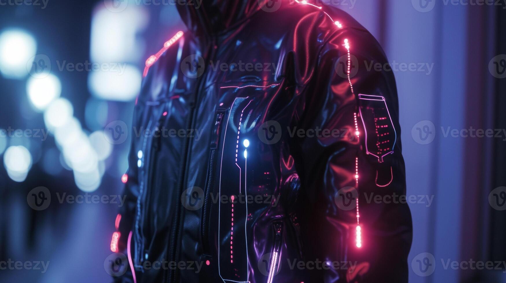 ein Jacke mit eingebaut LED Beleuchtung und ein Berührungssensitiver Bildschirm Panel zulassen zum endlos Anpassung und Personalisierung im ein glatt und futuristisch Weg foto