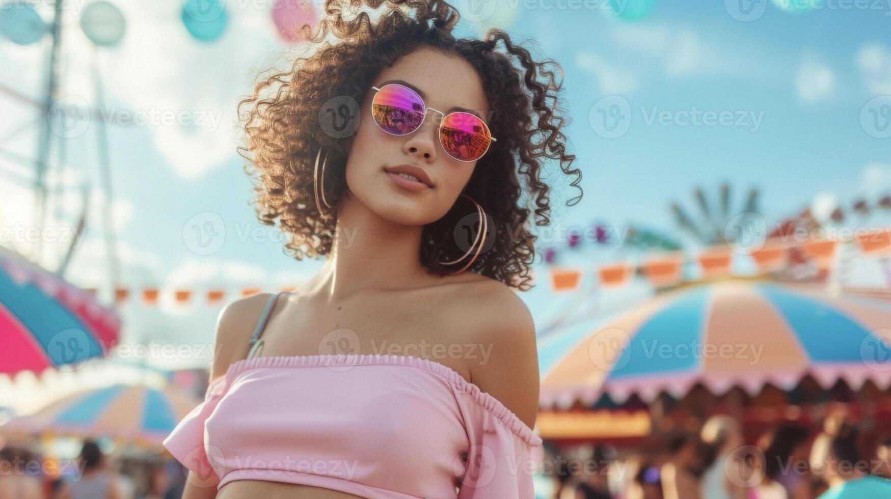 bleibe cool und stilvoll auf ein Sommer- Tag im diese Pastell- Rosa oben gepaart mit hoch tailliert Denim kurze Hose. perfekt zum ein Musik- Festival foto