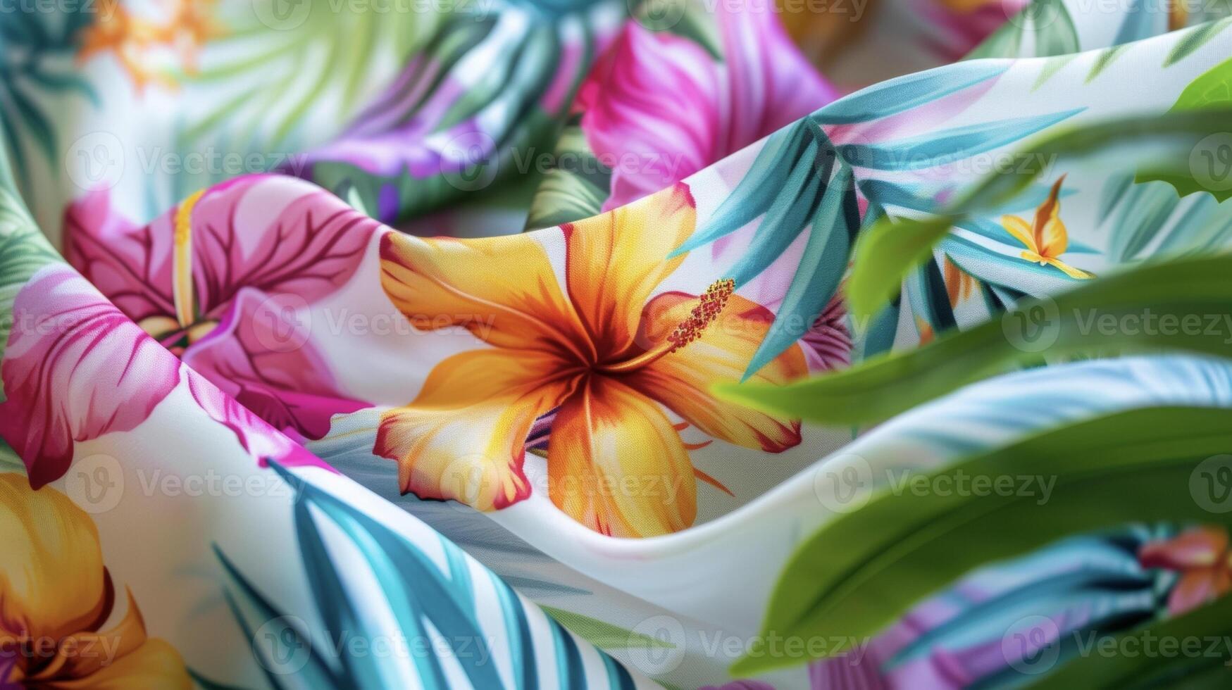 Transport du selber zu ein abgelegen Strand mit diese Sarong wickeln im ein bunt Mosaik drucken von tropisch Blumen und Blätter foto