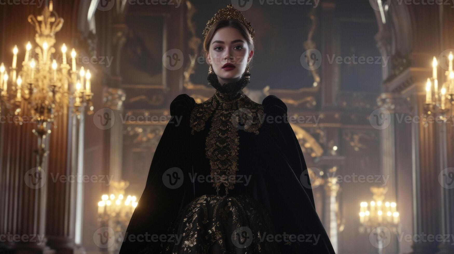 ein Bodenlänge Samt Mantel mit ein Capelet Halsband und Gold Einzelheiten getragen Über ein Spitze Kleid zum ein opulent viktorianisch inspiriert Abend aussehen foto