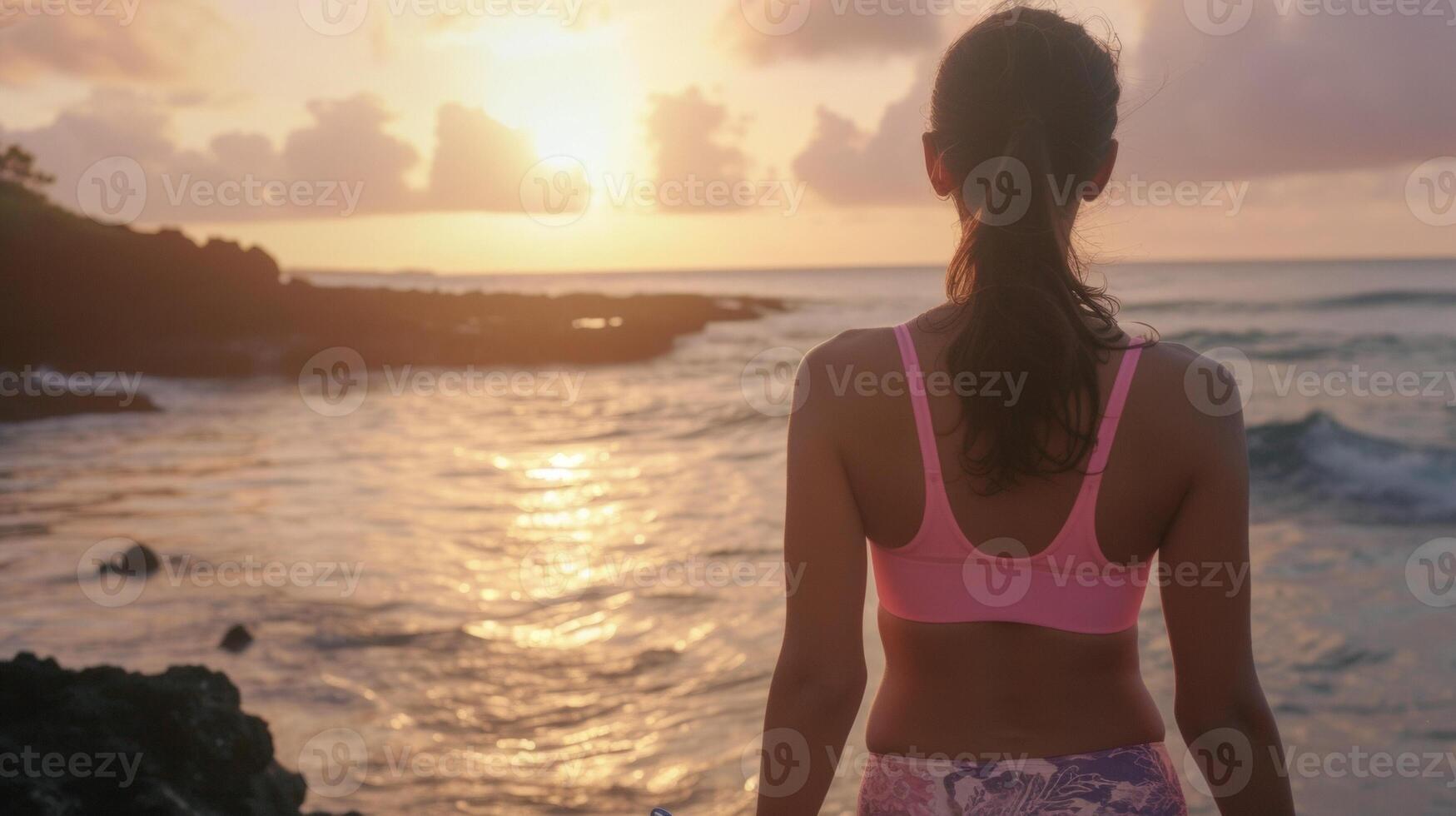 ein Sanft Rosa Racerback Panzer oben mit gemustert schwimmen Gamaschen und Leicht Wasser Schuhe perfekt zum ein friedlich Morgen schwimmen im das Ruhe Wasser von ein still Strand Bucht foto