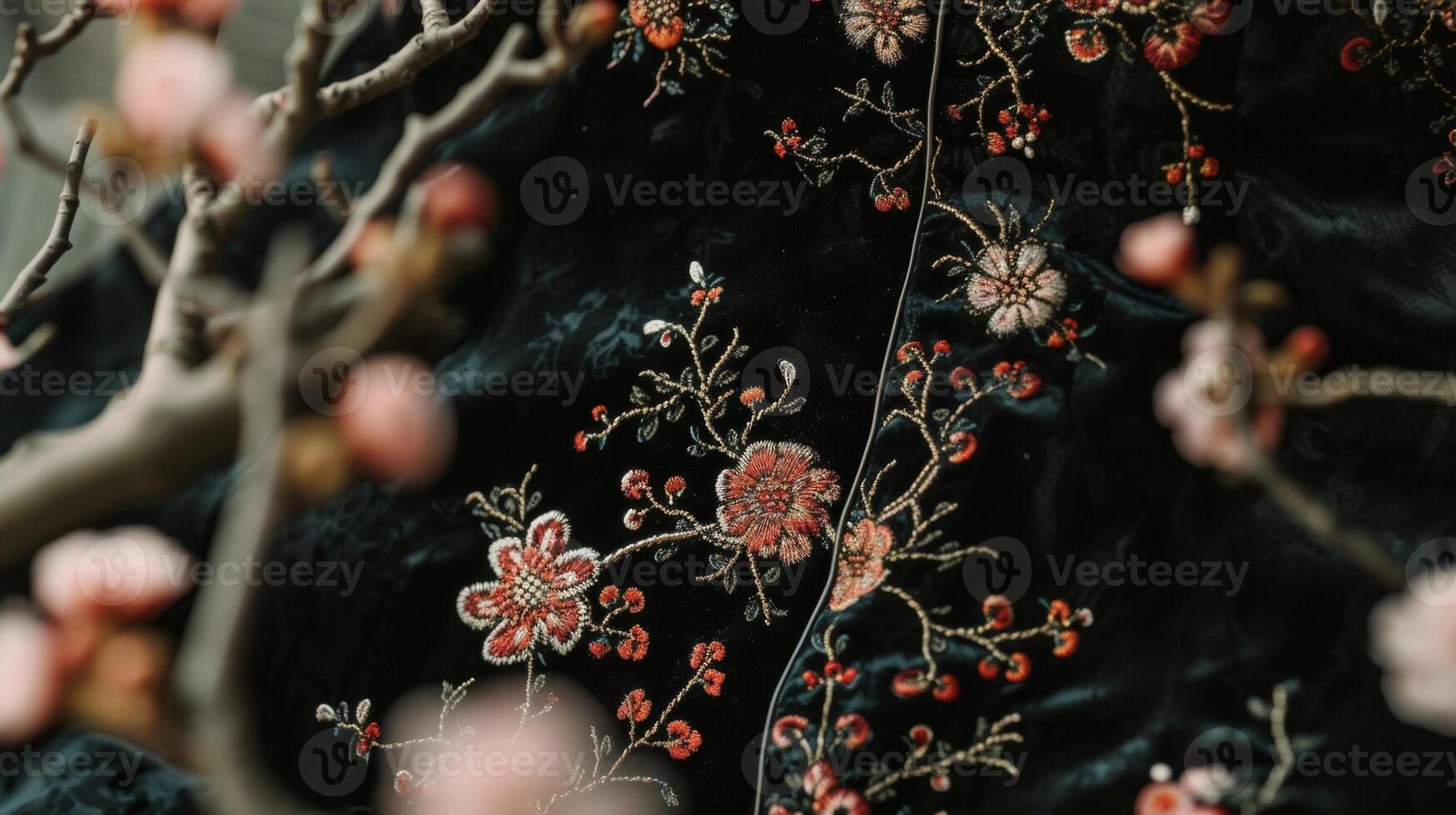 ein Highneck Samt Kleid mit Reich Blumen- Verzierungen inspiriert durch traditionell Chinesisch Stickerei. perfekt zum ein romantisch Abend unter das Sterne foto