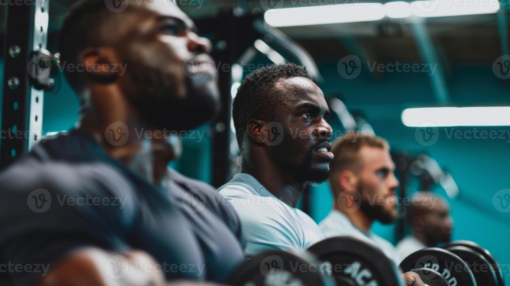 ein Gruppe von Männer Heben Gewichte beim das Fitnessstudio Verfolgung ihr Fortschritt und Rahmen Neu Fitness Tore zu leisten zusammen foto