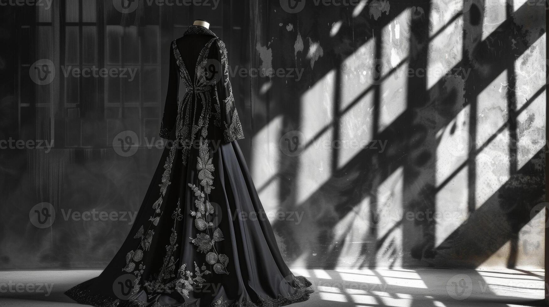 ein glatt und anspruchsvoll neogotisch aussehen mit ein Bodenlänge schwarz Kleid mit aufwendig gestickt Einzelheiten und ein Scharf maßgeschneidert Blazer. perfekt zum ein gl Veranstaltung im ein gran foto