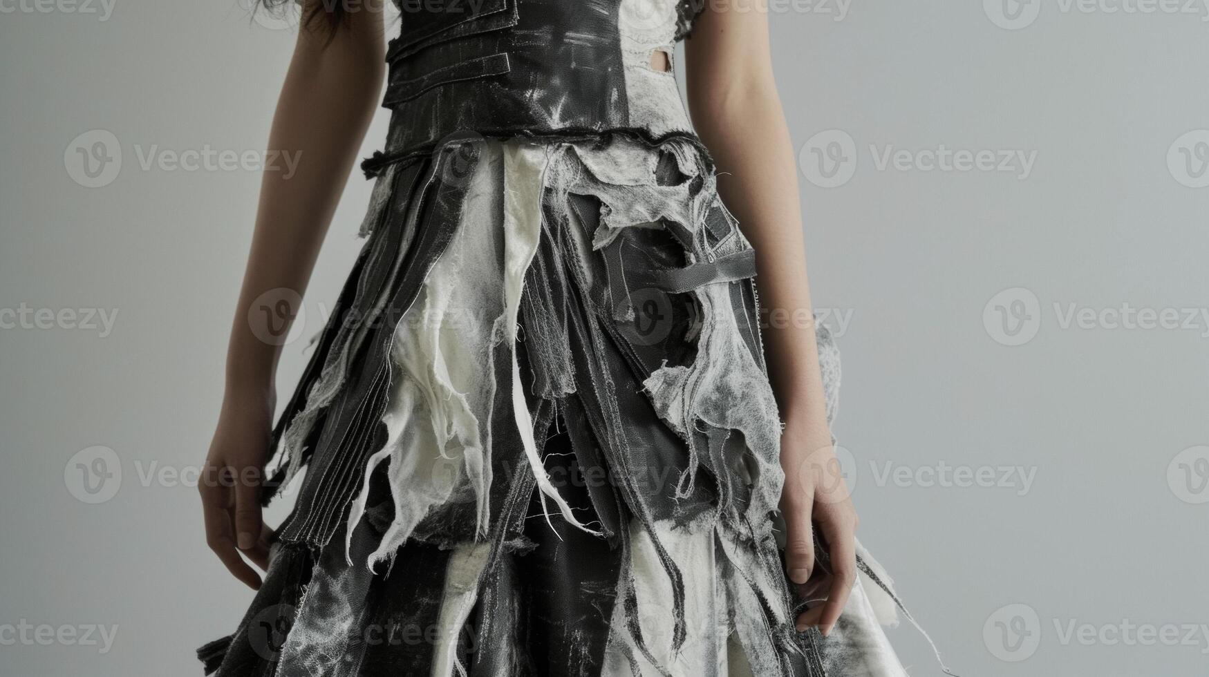 ein Avantgarde Kleid mit strukturiert Paneele und ausgefranst Kanten inspiriert durch das abstrakt und unkonventionell Designs von ein futuristisch Kunst Ausstellungsstück foto