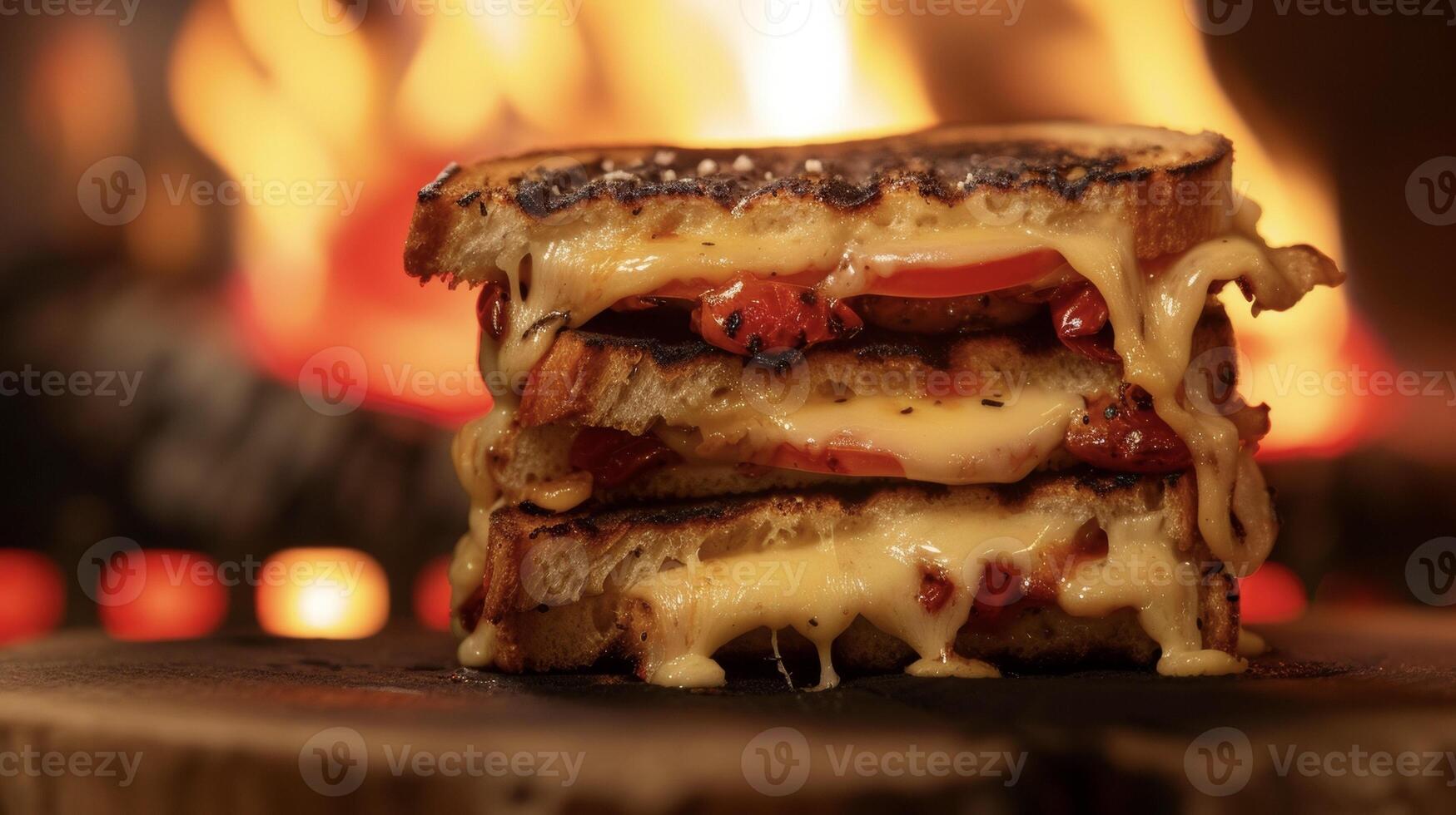 genießen das heftig Aromen von diese Feuergegrillt Käse mit ein Kombination von alt Gouda geröstet Tomaten und ein berühren von y Chipotle Aioli. ein wahr Feuergeküsst Freude foto